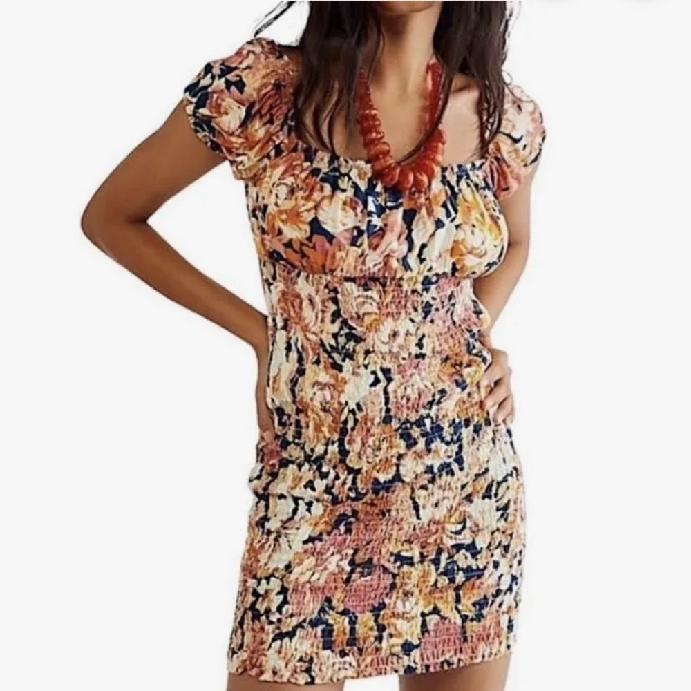 NWT Free People Smocked Mini Dress Gardenia Combo Small
